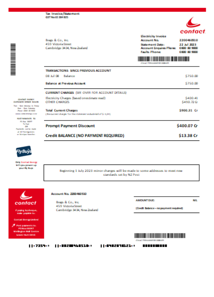 Contact Energy proof of energy business bill, SCR PSD template